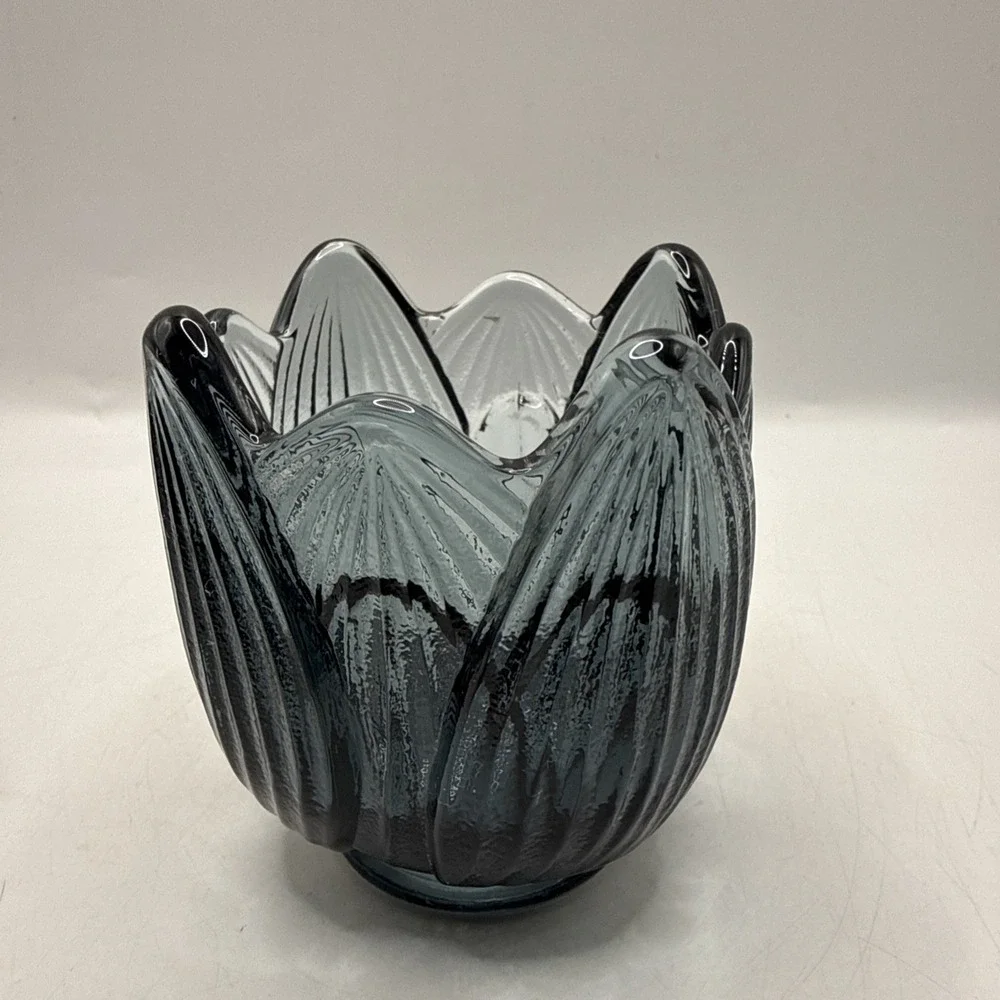 Vintage Fenton Glass Blue Lotus Tulip Leaf Votive Candle Holder